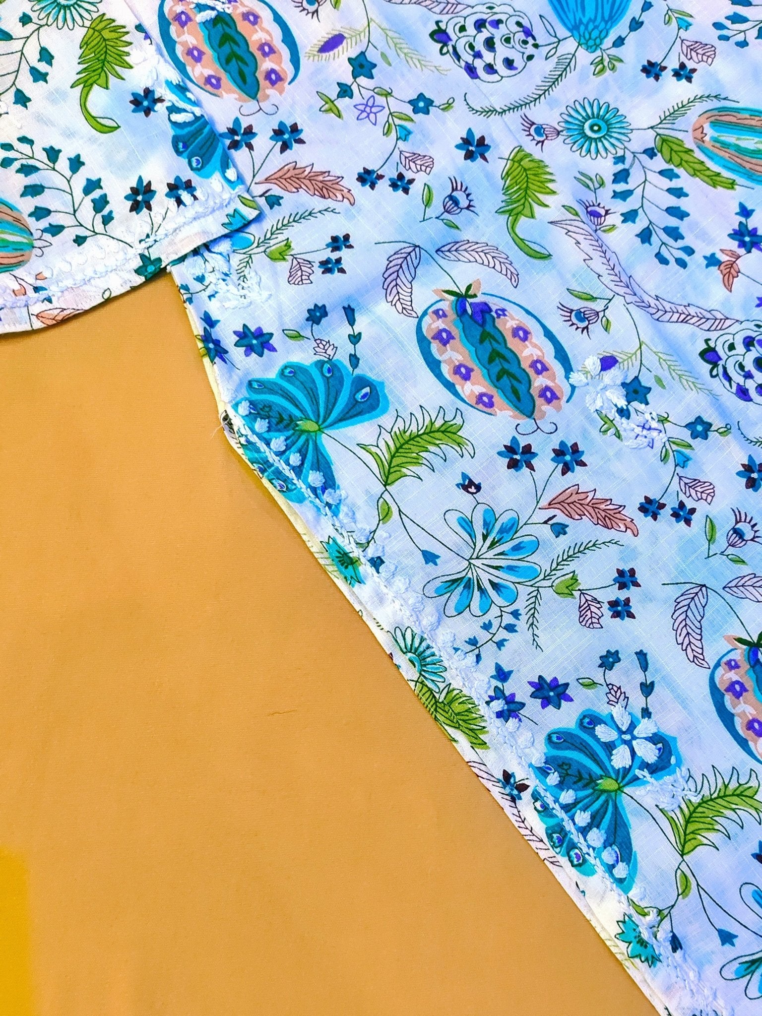 Rayon Handcrafted Chikankari Floral Print Kurta and Palazzo Set - White & Teal Green - ADNEET