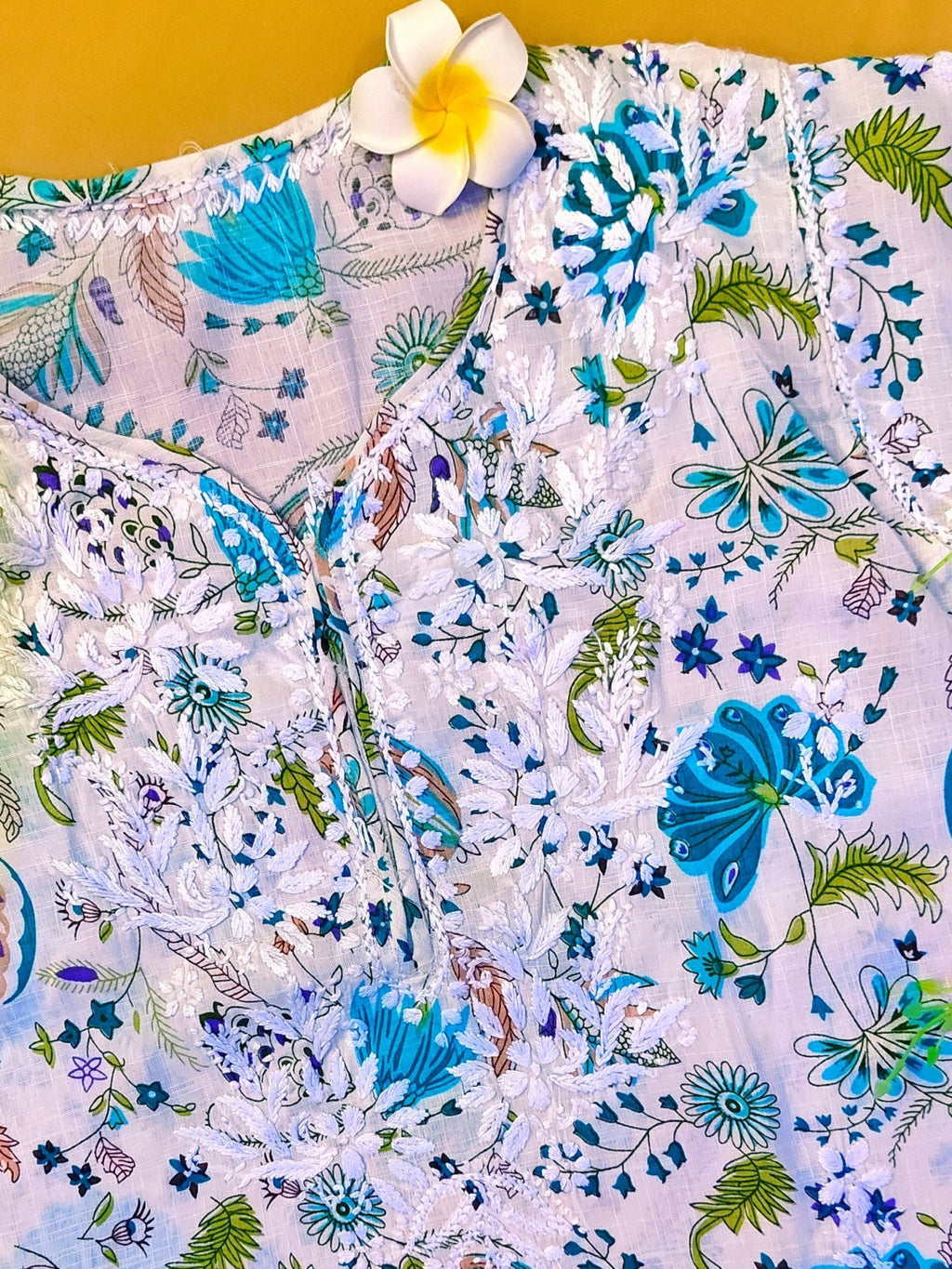 Rayon Handcrafted Chikankari Floral Print Kurta and Palazzo Set - White & Teal Green - ADNEET