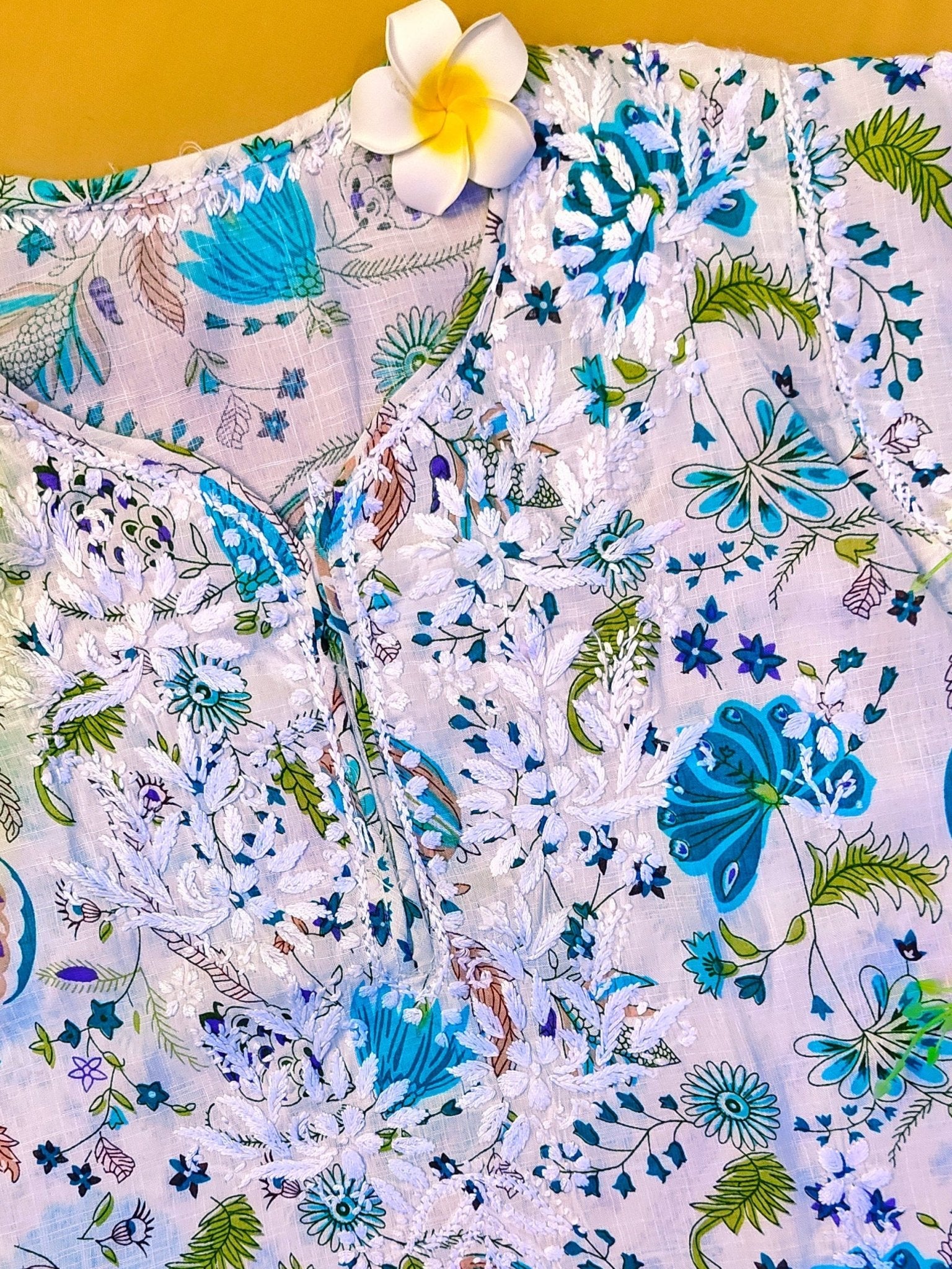 Rayon Handcrafted Chikankari Floral Print Kurta and Palazzo Set - White & Teal Green - ADNEET