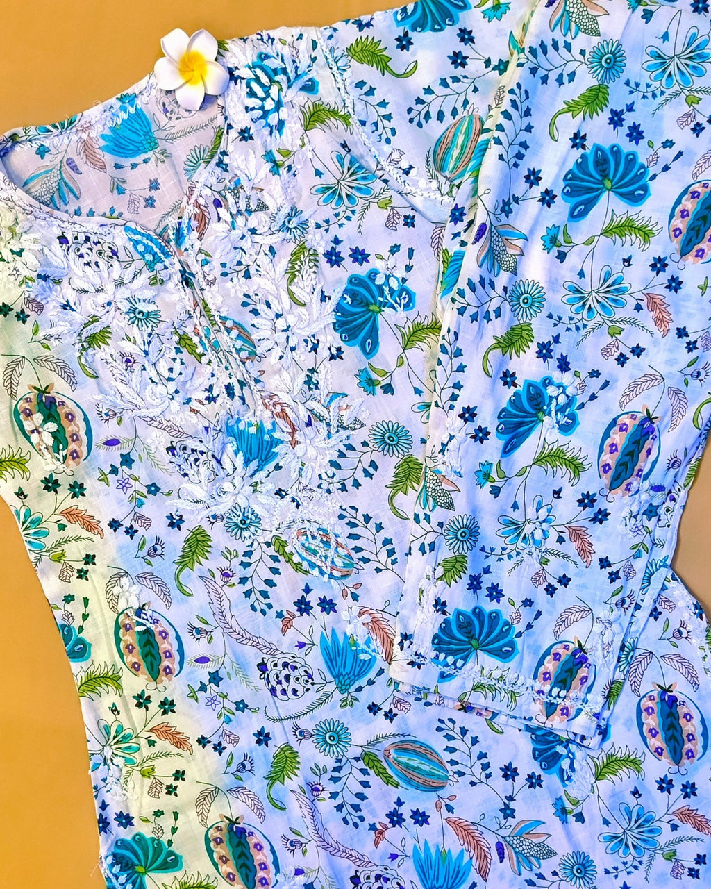 Rayon Handcrafted Chikankari Floral Print Kurta and Palazzo Set - White & Teal Green - ADNEET