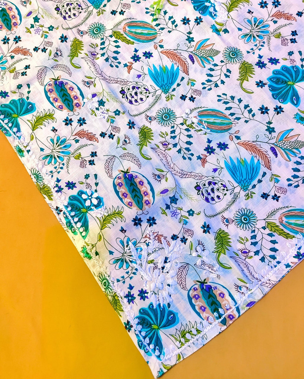 Rayon Handcrafted Chikankari Floral Print Kurta and Palazzo Set - White & Teal Green - ADNEET