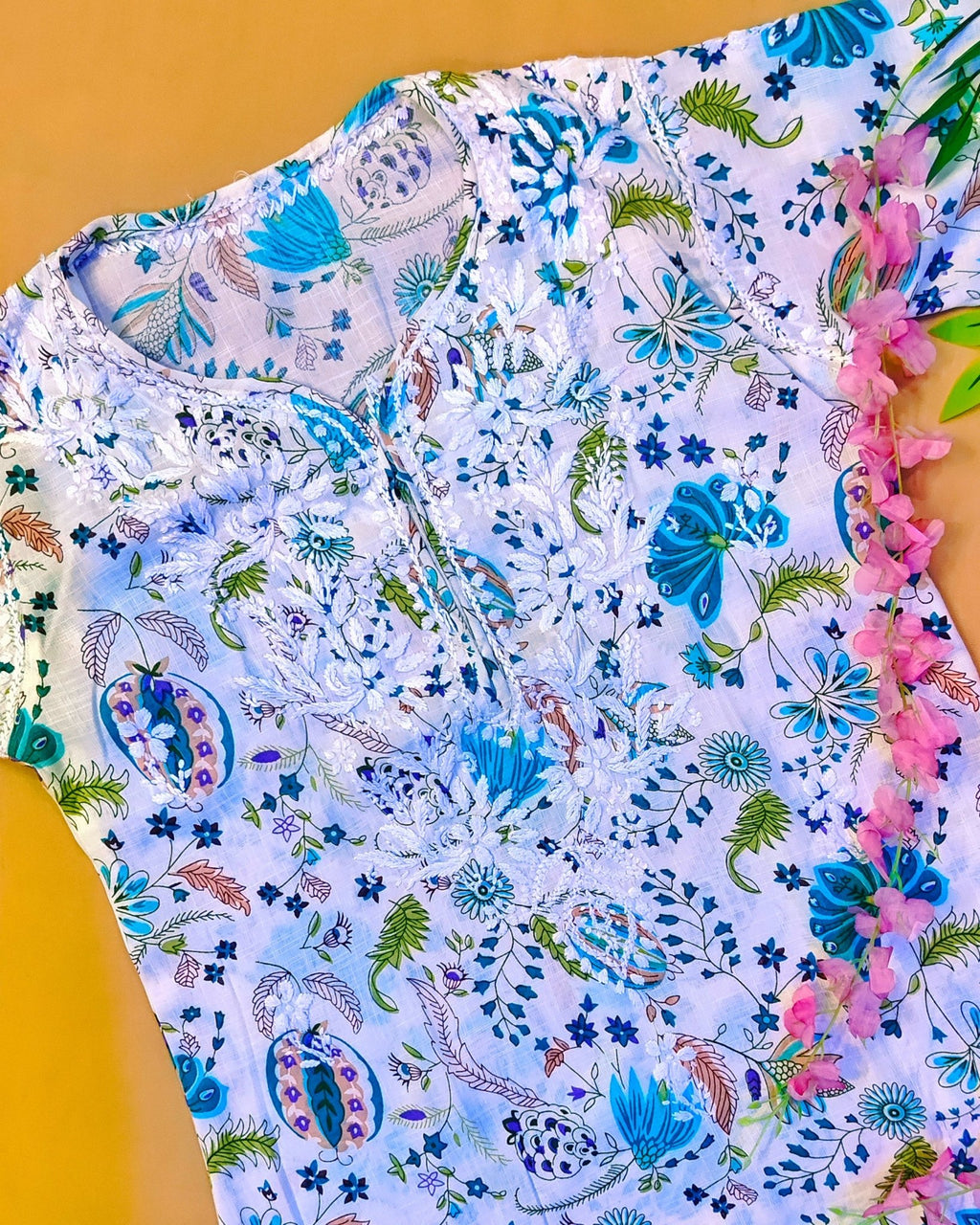 Rayon Handcrafted Chikankari Floral Print Kurta and Palazzo Set - White & Teal Green - ADNEET