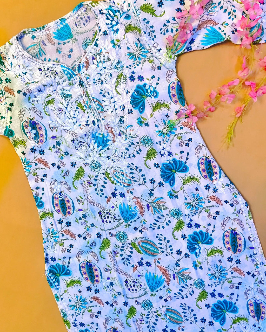 Rayon Handcrafted Chikankari Floral Print Kurta and Palazzo Set - White & Teal Green - ADNEET