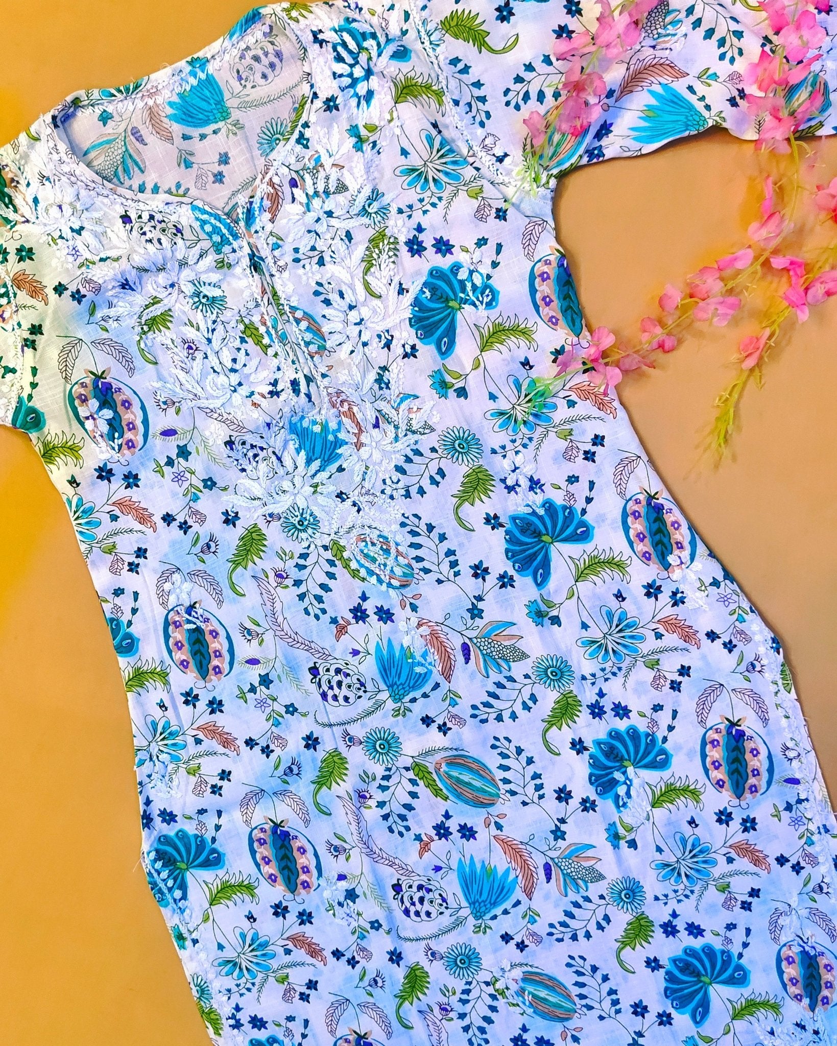 Rayon Handcrafted Chikankari Floral Print Kurta and Palazzo Set - White & Teal Green - ADNEET