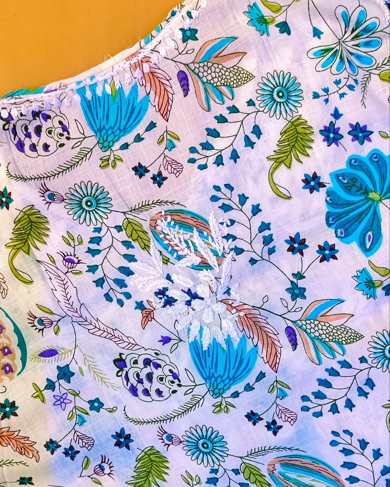 Rayon Handcrafted Chikankari Floral Print Kurta and Palazzo Set - White & Teal Green - ADNEET