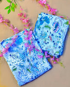 Rayon Handcrafted Chikankari Floral Print Kurta and Palazzo Set - White & Teal Green - ADNEET