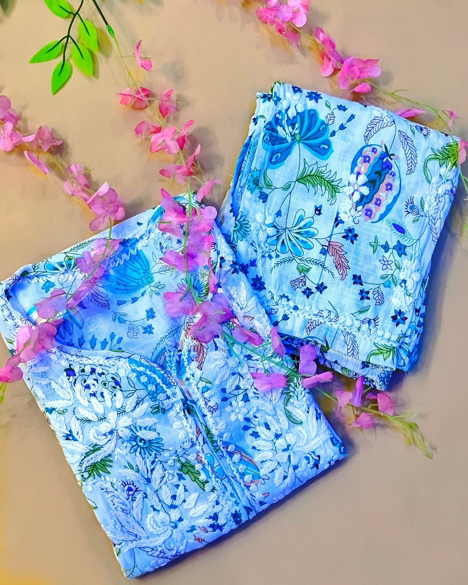 Rayon Handcrafted Chikankari Floral Print Kurta and Palazzo Set - White & Teal Green - ADNEET