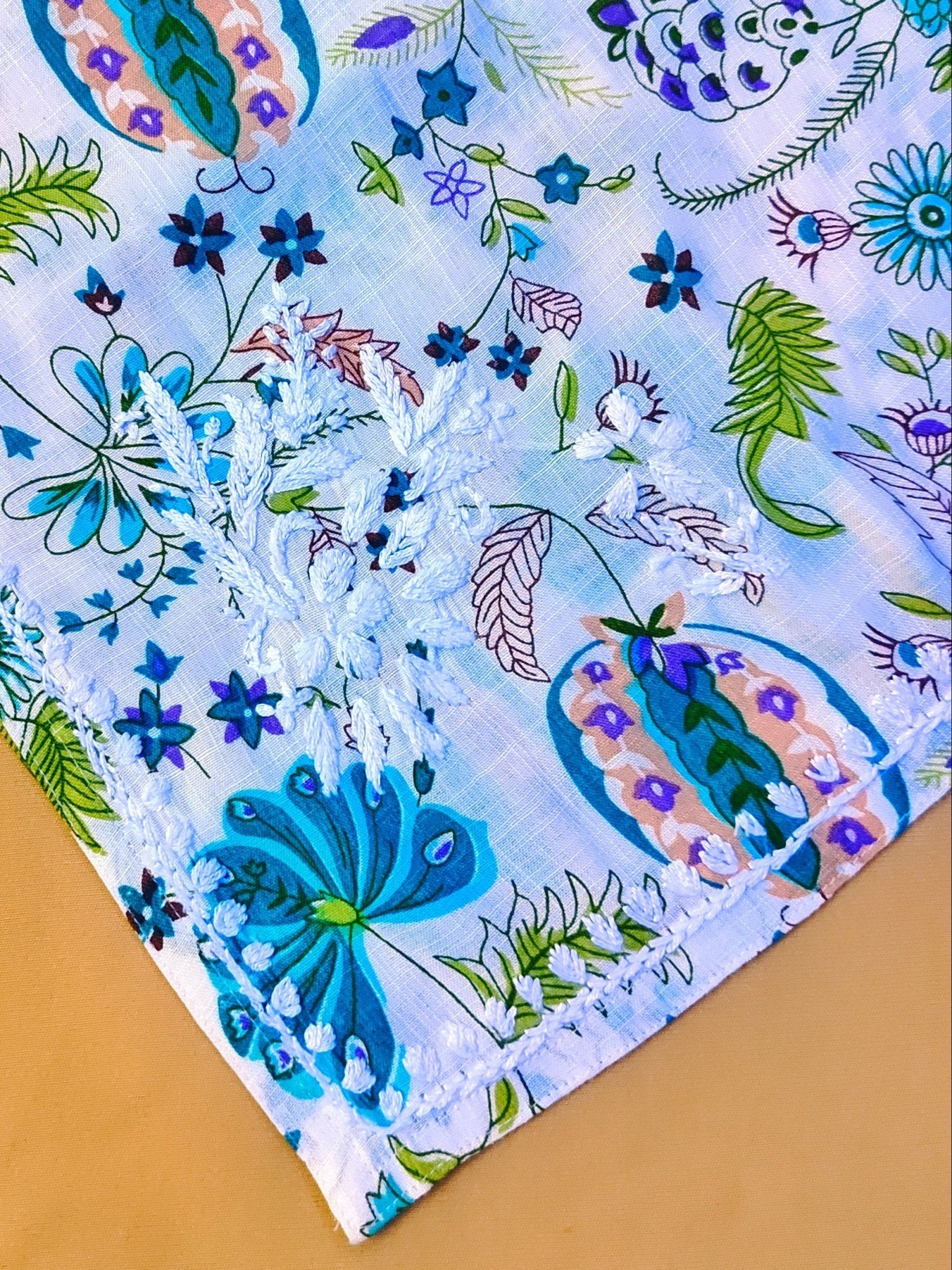 Rayon Handcrafted Chikankari Floral Print Kurta and Palazzo Set - White & Teal Green - ADNEET