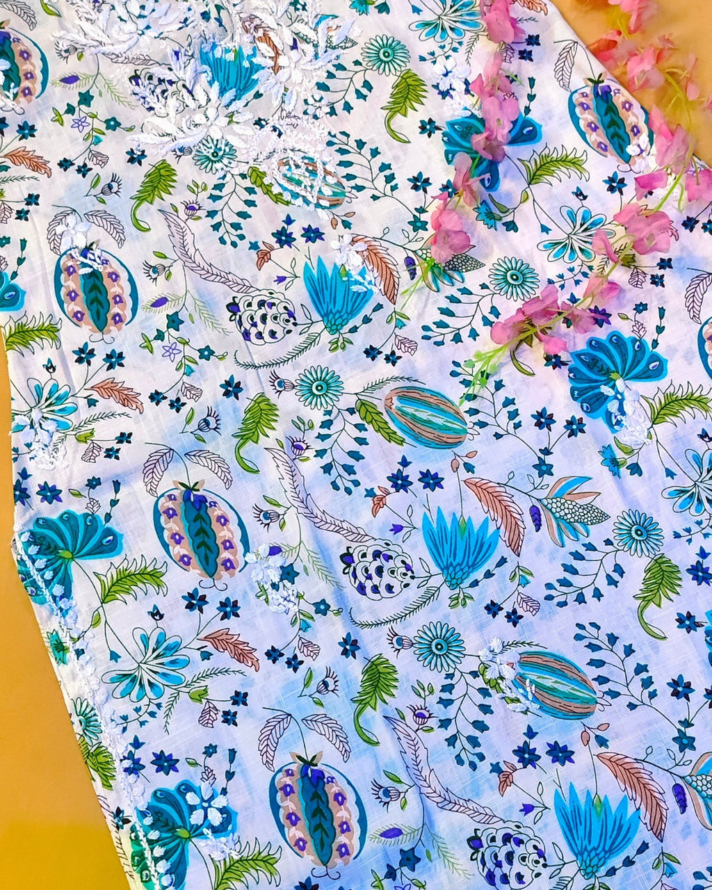 Rayon Handcrafted Chikankari Floral Print Kurta and Palazzo Set - White & Teal Green - ADNEET