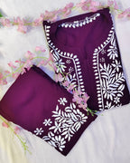 Rayon Handcrafted Chikankari Kurta and Palazzo Set - Dark Wine - ADNEET