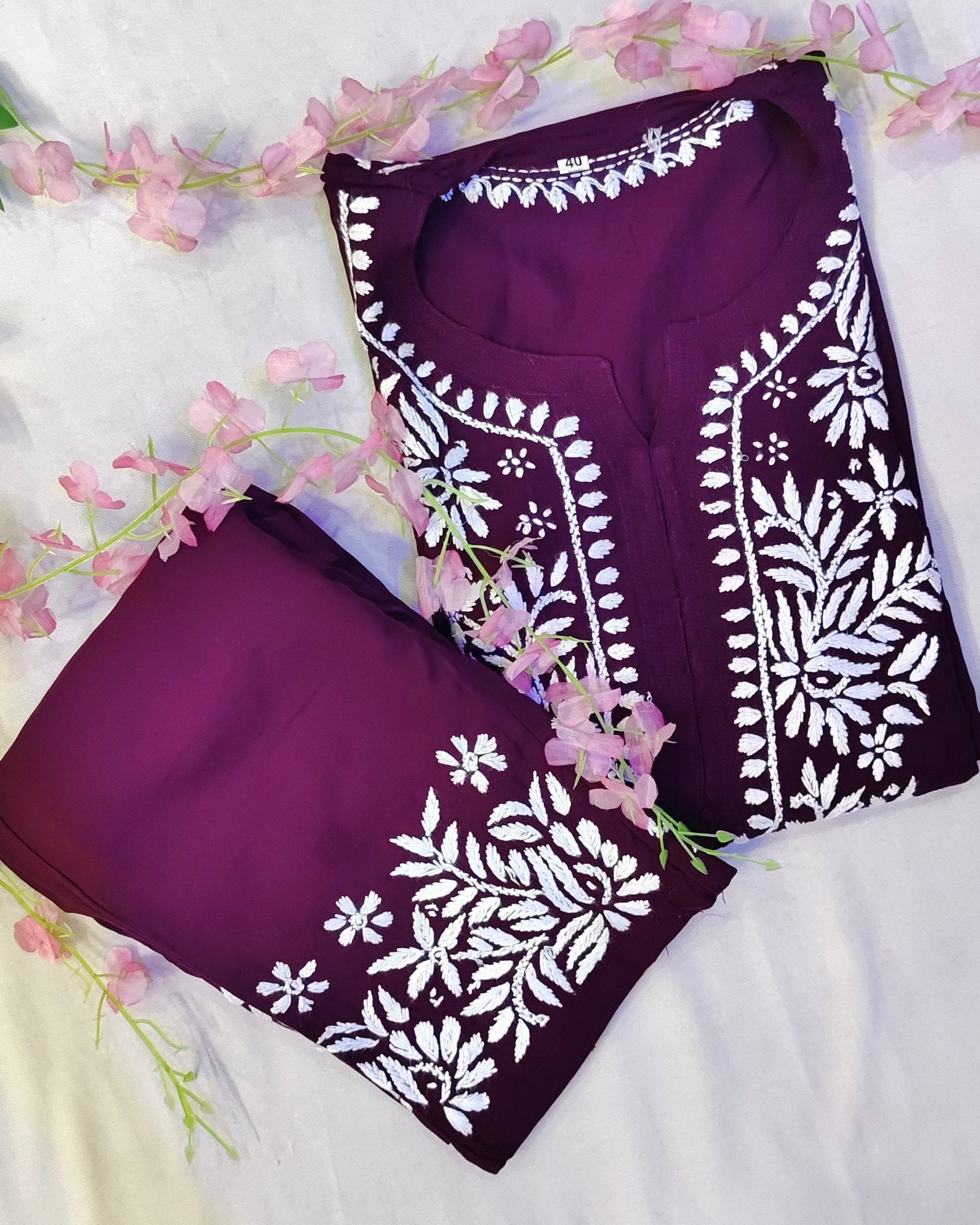 Rayon Handcrafted Chikankari Kurta and Palazzo Set - Dark Wine - ADNEET