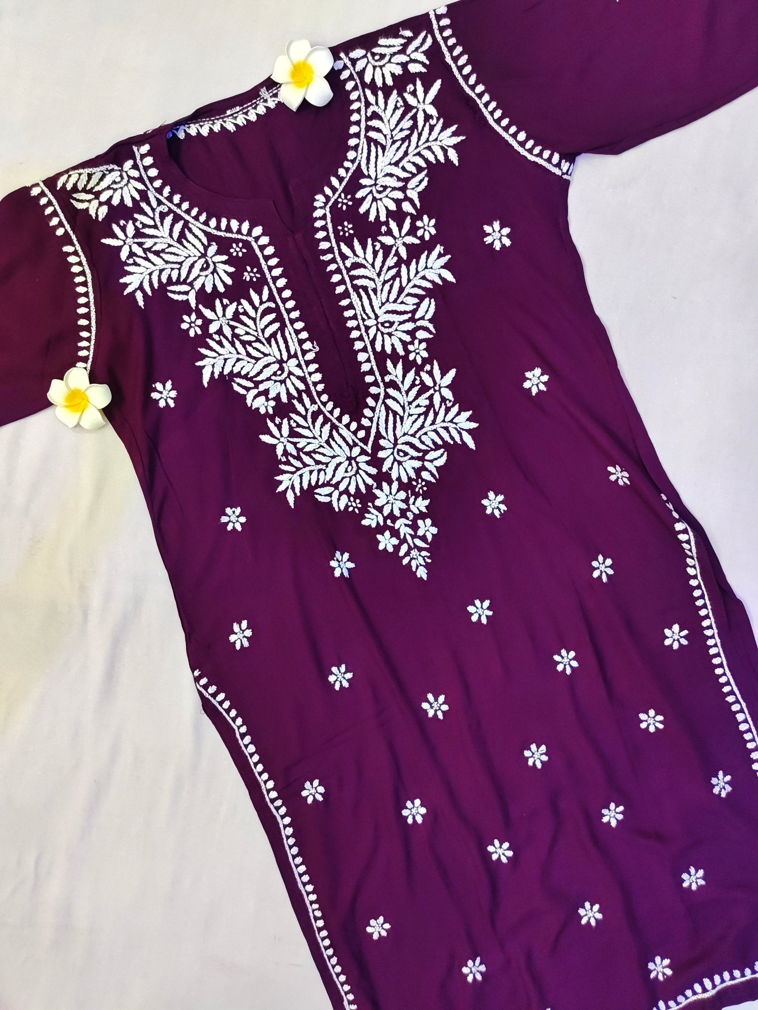 Rayon Handcrafted Chikankari Kurta and Palazzo Set - Dark Wine - ADNEET
