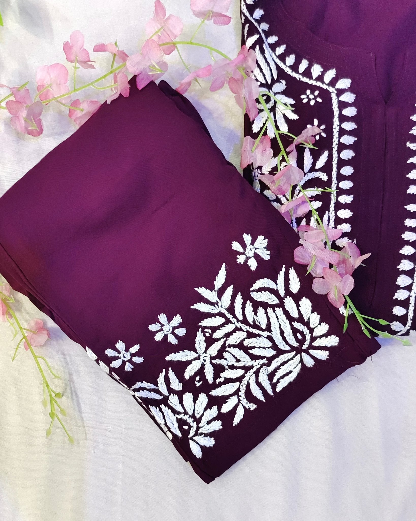 Rayon Handcrafted Chikankari Kurta and Palazzo Set - Dark Wine - ADNEET