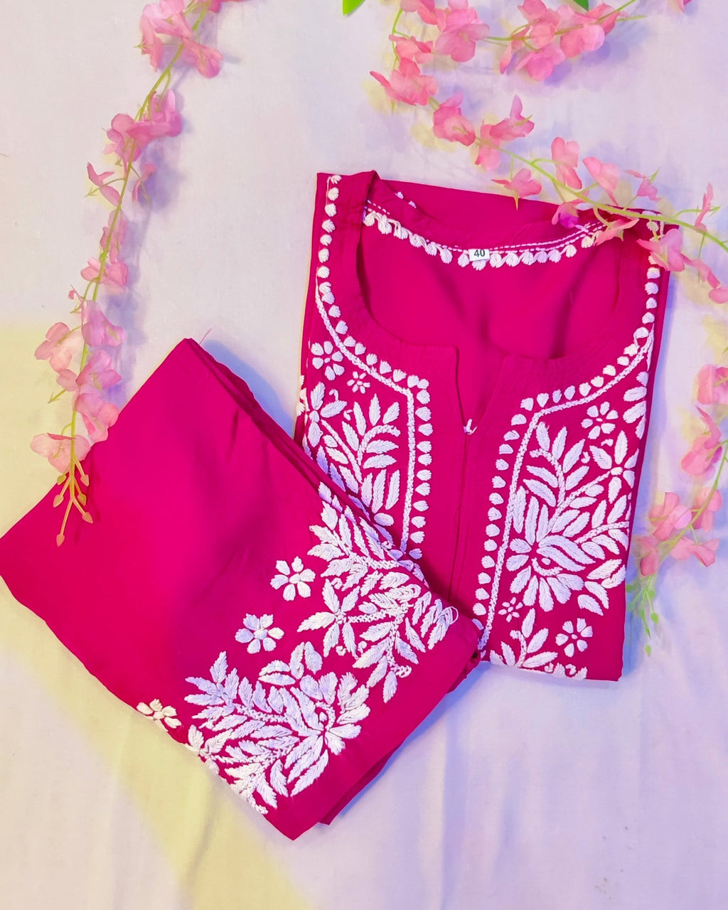 Rayon Handcrafted Chikankari Kurta and Palazzo Set - Hot Pink - ADNEET