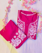 Rayon Handcrafted Chikankari Kurta and Palazzo Set - Hot Pink - ADNEET