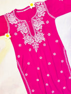 Rayon Handcrafted Chikankari Kurta and Palazzo Set - Hot Pink - ADNEET