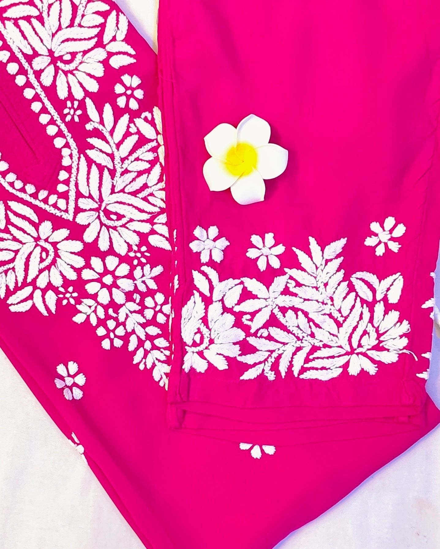 Rayon Handcrafted Chikankari Kurta and Palazzo Set - Hot Pink - ADNEET