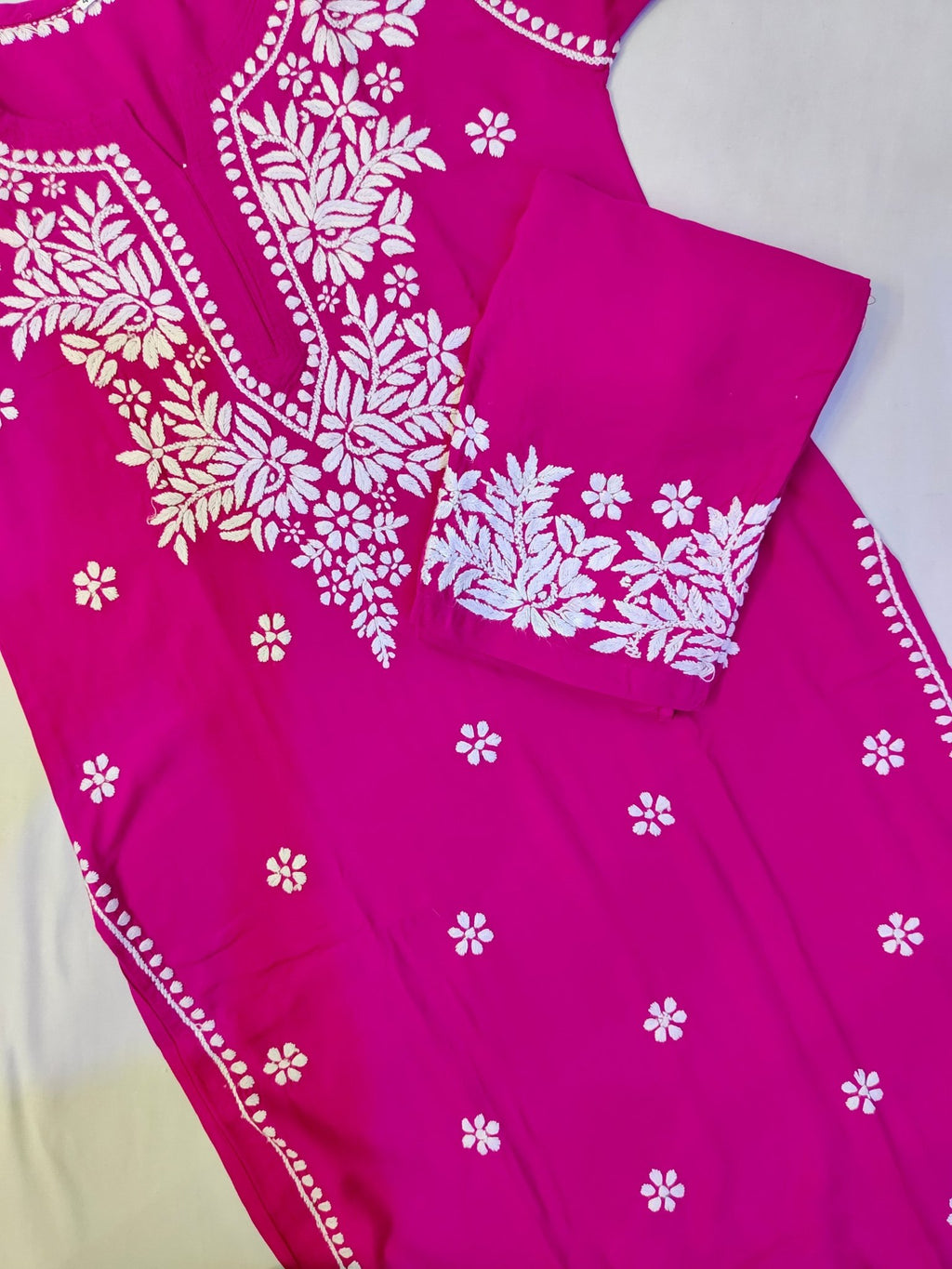 Rayon Handcrafted Chikankari Kurta and Palazzo Set - Hot Pink - ADNEET
