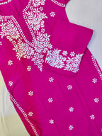 Rayon Handcrafted Chikankari Kurta and Palazzo Set - Hot Pink - ADNEET