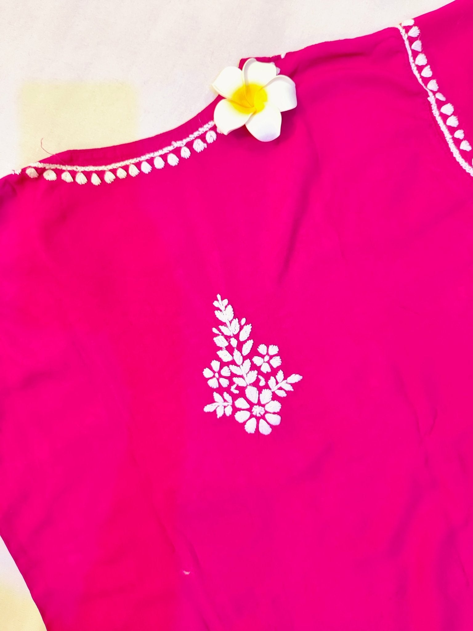 Rayon Handcrafted Chikankari Kurta and Palazzo Set - Hot Pink - ADNEET