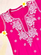 Rayon Handcrafted Chikankari Kurta and Palazzo Set - Hot Pink - ADNEET