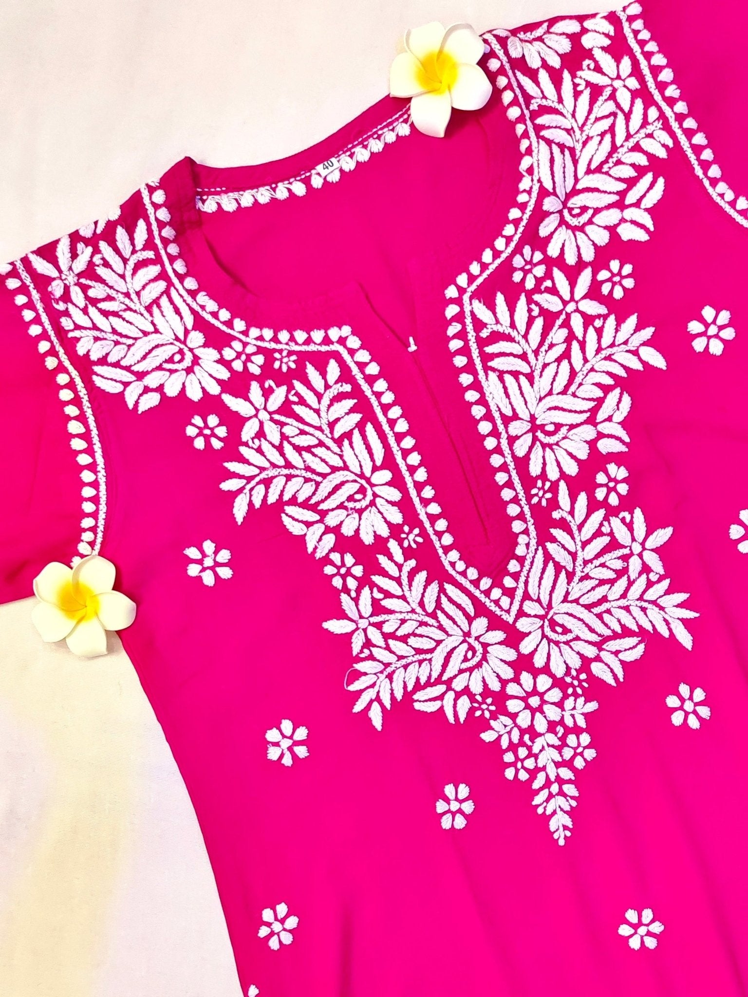 Rayon Handcrafted Chikankari Kurta and Palazzo Set - Hot Pink - ADNEET