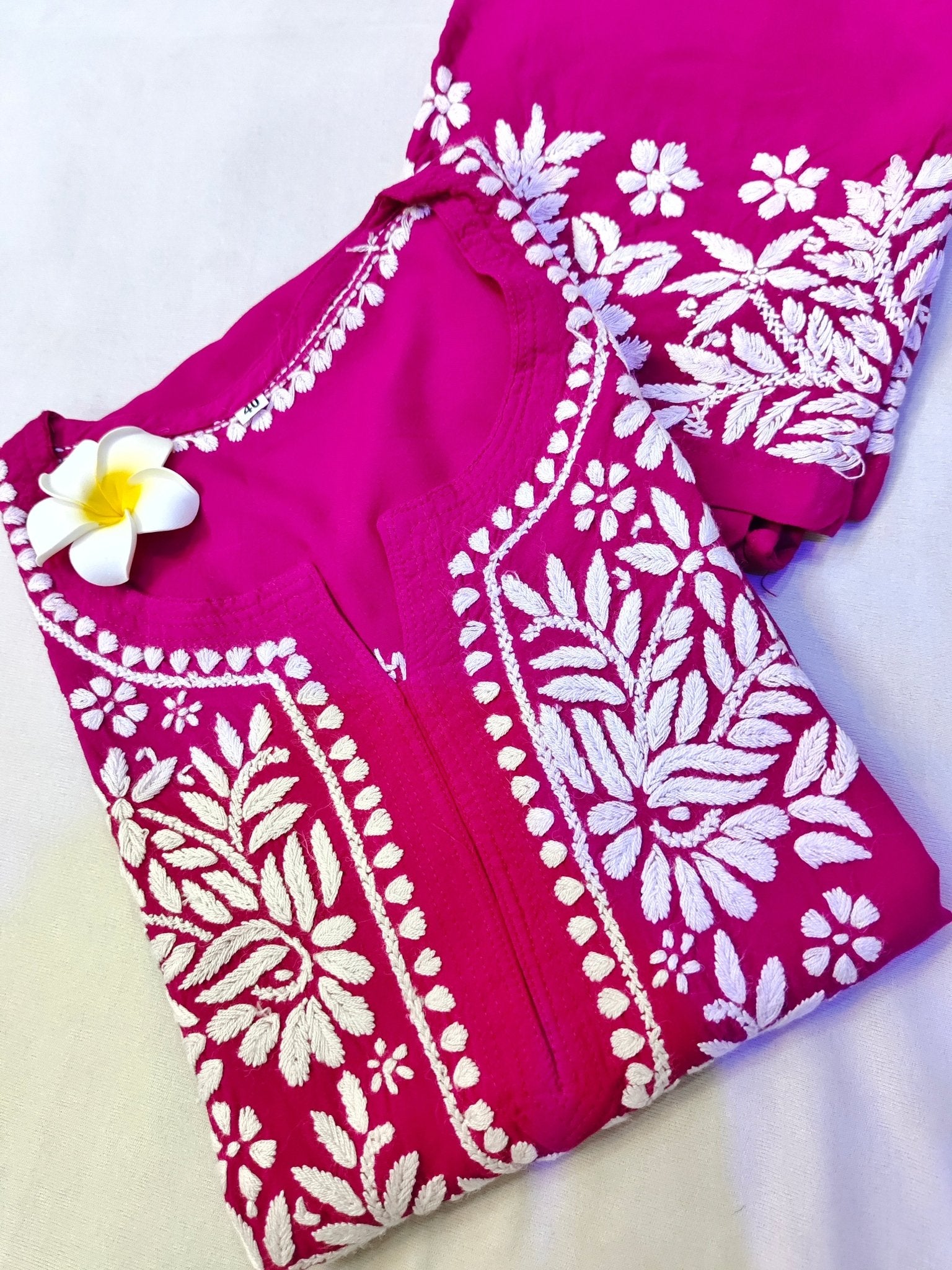 Rayon Handcrafted Chikankari Kurta and Palazzo Set - Hot Pink - ADNEET