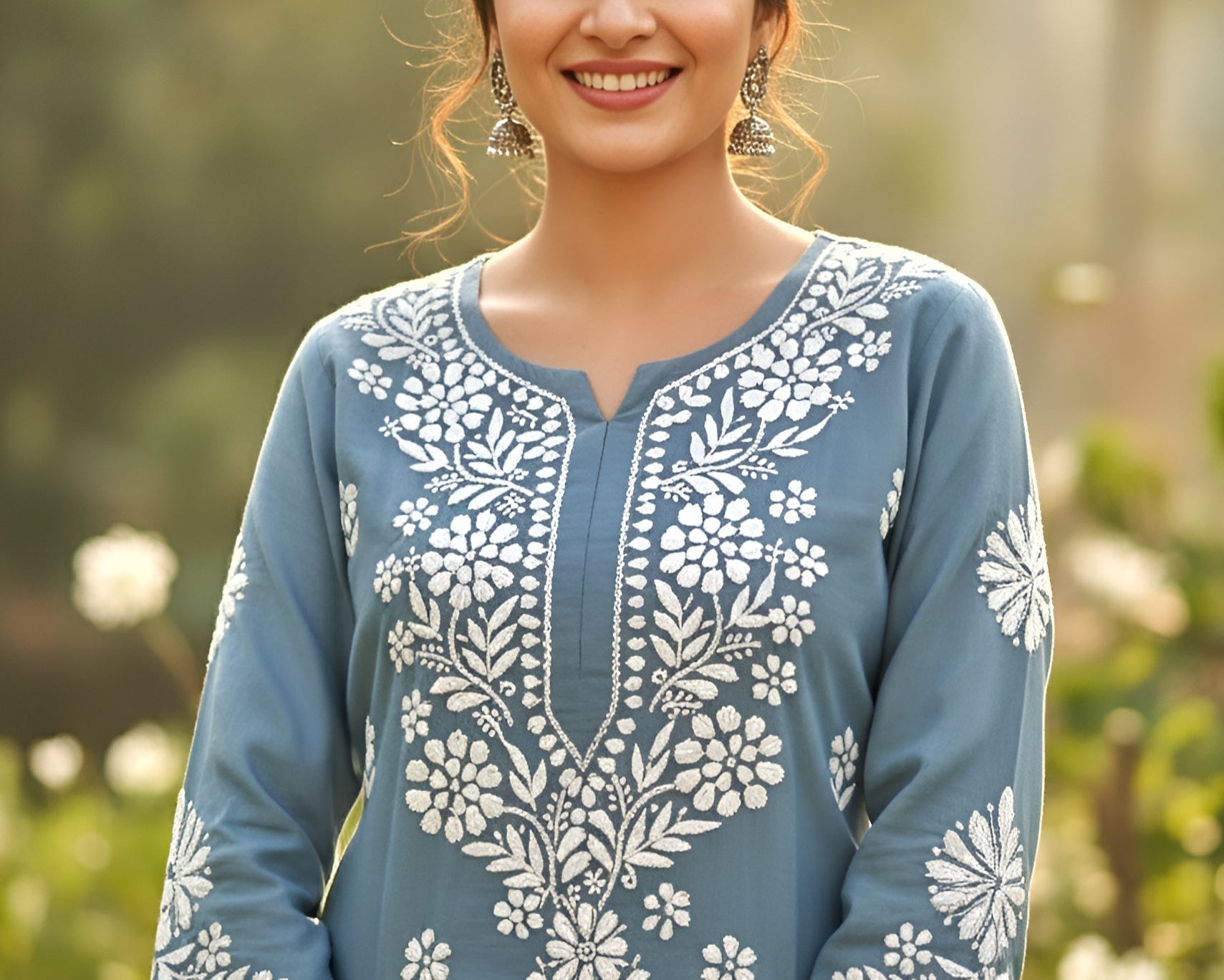 Rayon Handcrafted Chikankari Kurta Straight Fit - Chic Grey - ADNEET