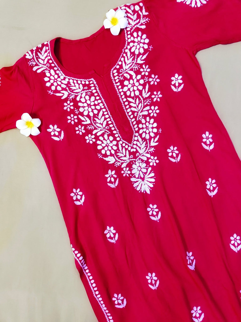 Rayon Handcrafted Chikankari Kurta Straight Fit - Classic Crimson Red - ADNEET