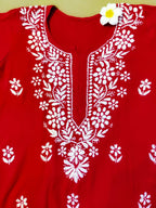 Rayon Handcrafted Chikankari Kurta Straight Fit - Classic Crimson Red - ADNEET