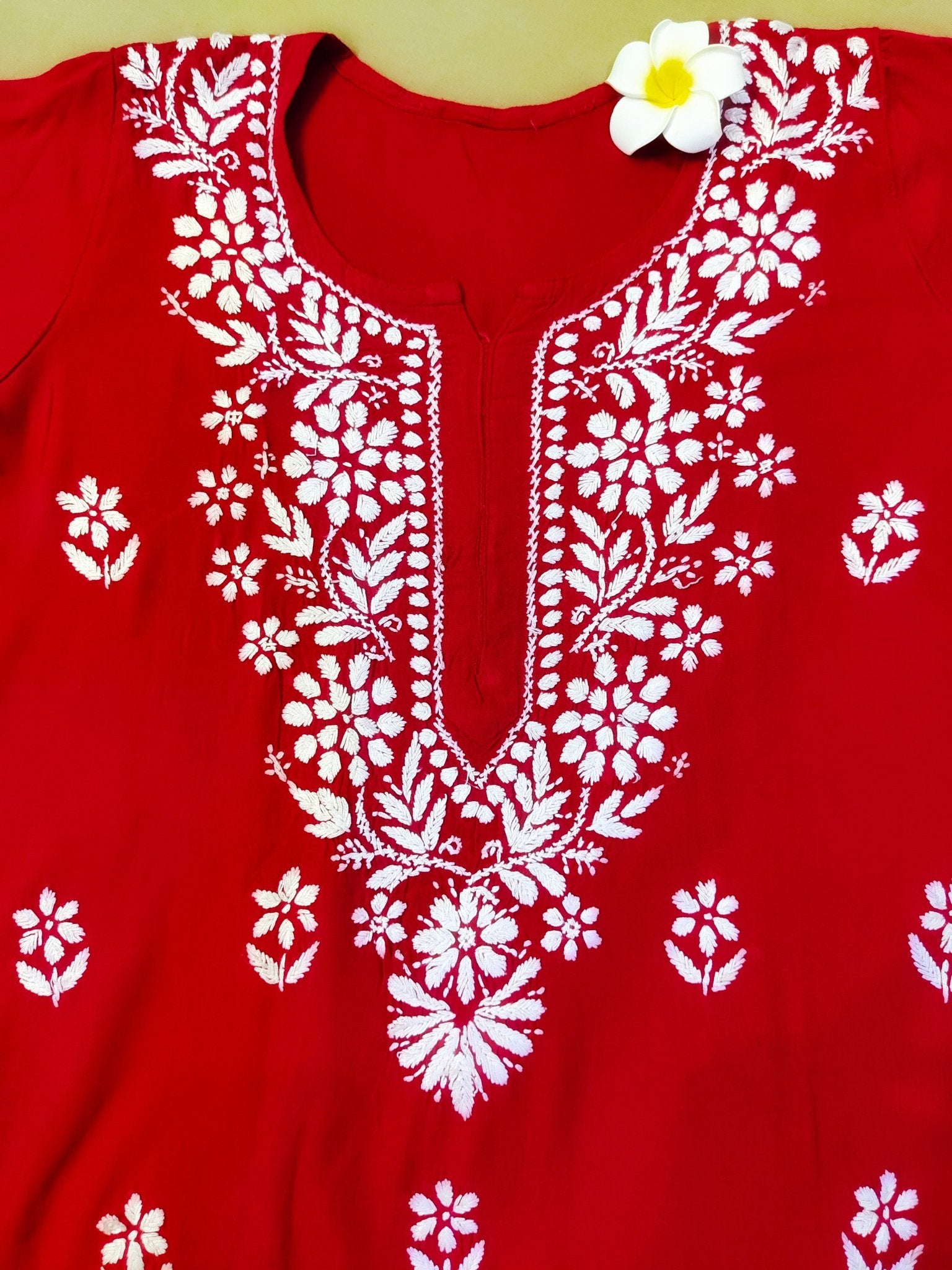 Rayon Handcrafted Chikankari Kurta Straight Fit - Classic Crimson Red - ADNEET