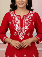 Rayon Handcrafted Chikankari Kurta Straight Fit - Classic Crimson Red - ADNEET