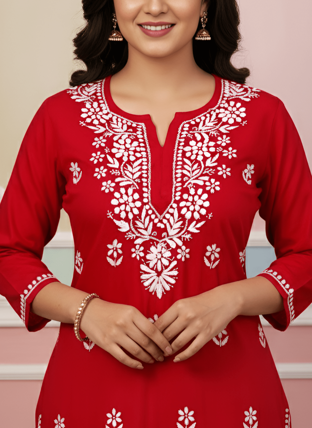 Rayon Handcrafted Chikankari Kurta Straight Fit - Classic Crimson Red - ADNEET