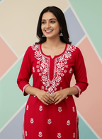 Rayon Handcrafted Chikankari Kurta Straight Fit - Classic Crimson Red - ADNEET