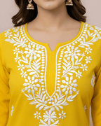 Rayon Handcrafted Chikankari Kurta Straight Fit - Festive Yellow - ADNEET