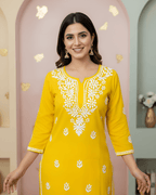 Rayon Handcrafted Chikankari Kurta Straight Fit - Festive Yellow - ADNEET