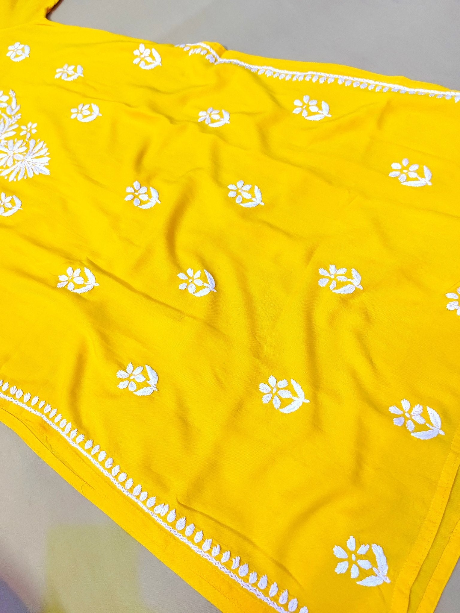 Rayon Handcrafted Chikankari Kurta Straight Fit - Festive Yellow - ADNEET