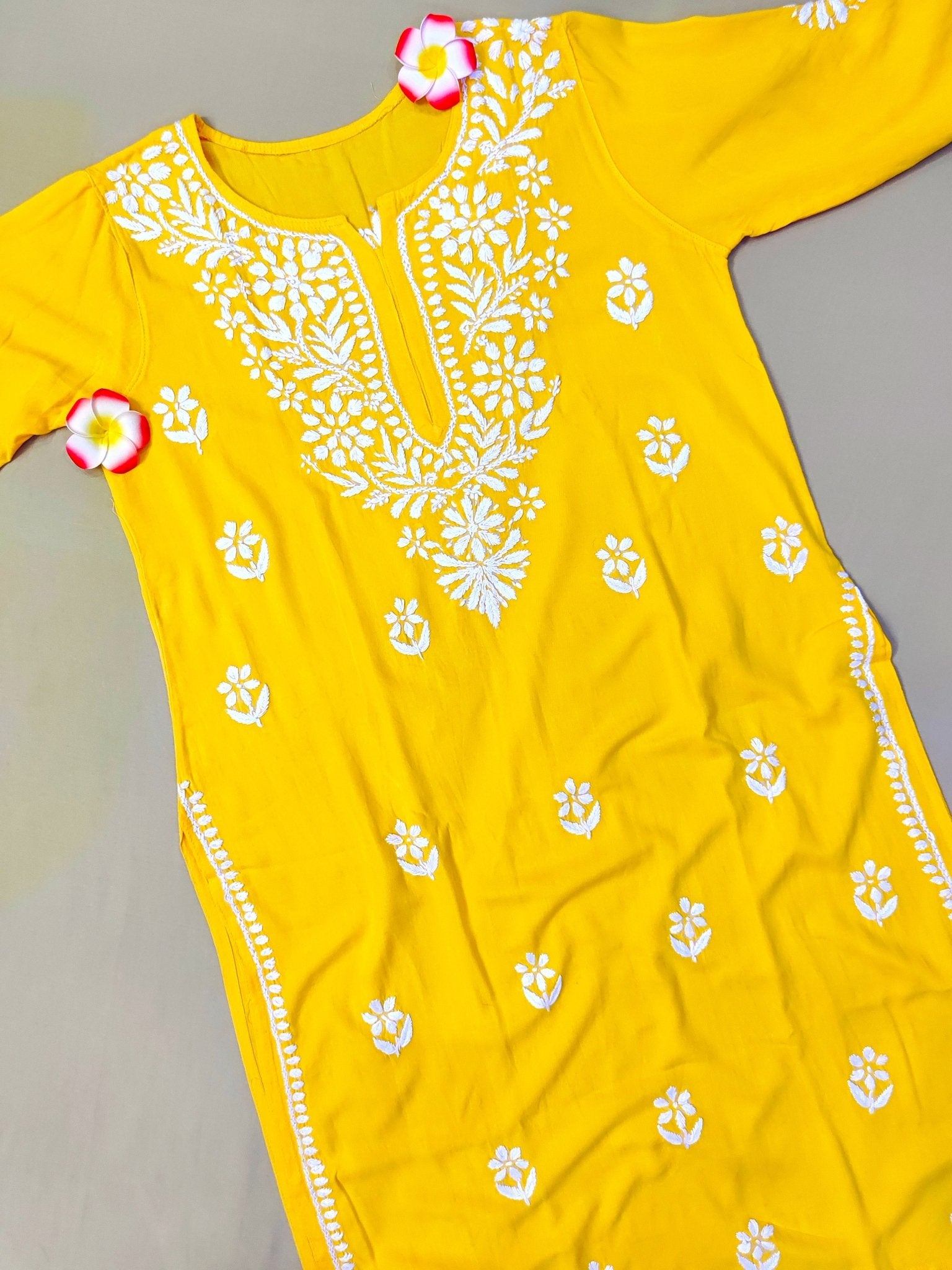 Rayon Handcrafted Chikankari Kurta Straight Fit - Festive Yellow - ADNEET