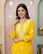 Rayon Handcrafted Chikankari Kurta Straight Fit - Festive Yellow - ADNEET
