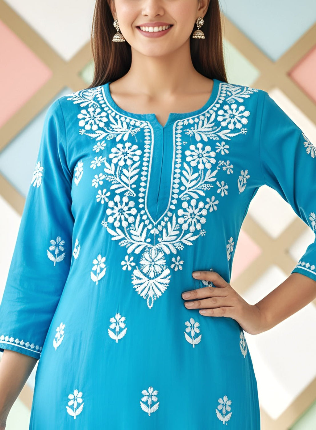 Rayon Handcrafted Chikankari Kurta Straight Fit - Serene Sky Blue - ADNEET