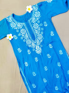 Rayon Handcrafted Chikankari Kurta Straight Fit - Serene Sky Blue - ADNEET