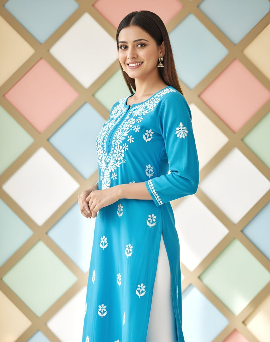 Rayon Handcrafted Chikankari Kurta Straight Fit - Serene Sky Blue - ADNEET