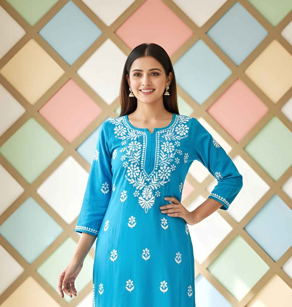 Rayon Handcrafted Chikankari Kurta Straight Fit - Serene Sky Blue - ADNEET