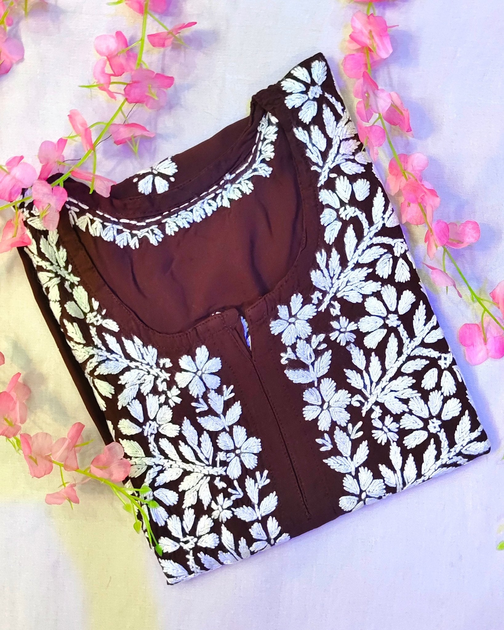 Rayon Handcrafted Chikankari Short Kurta - Caramel brown - ADNEET