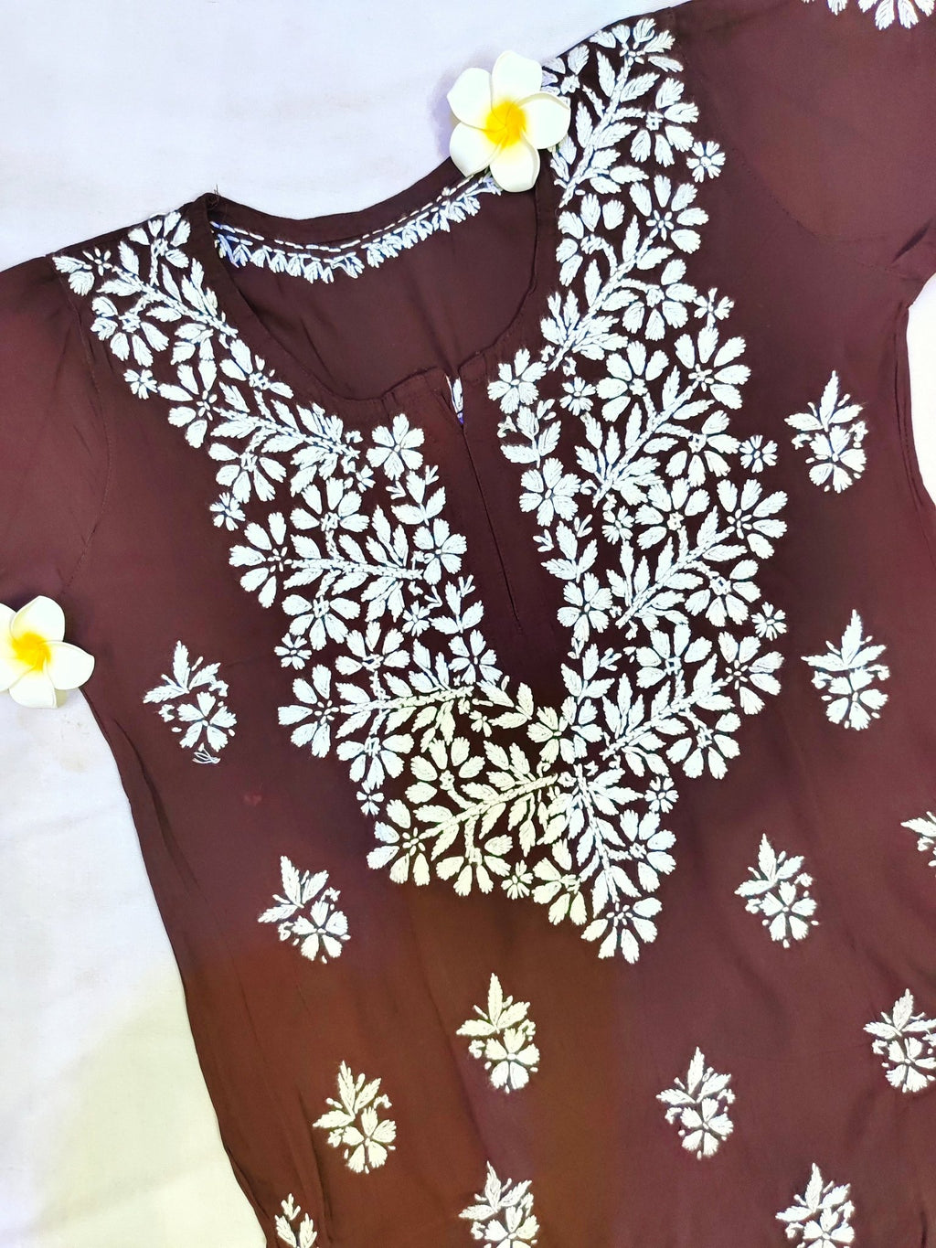 Rayon Handcrafted Chikankari Short Kurta - Caramel brown - ADNEET