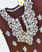Rayon Handcrafted Chikankari Short Kurta - Caramel brown - ADNEET