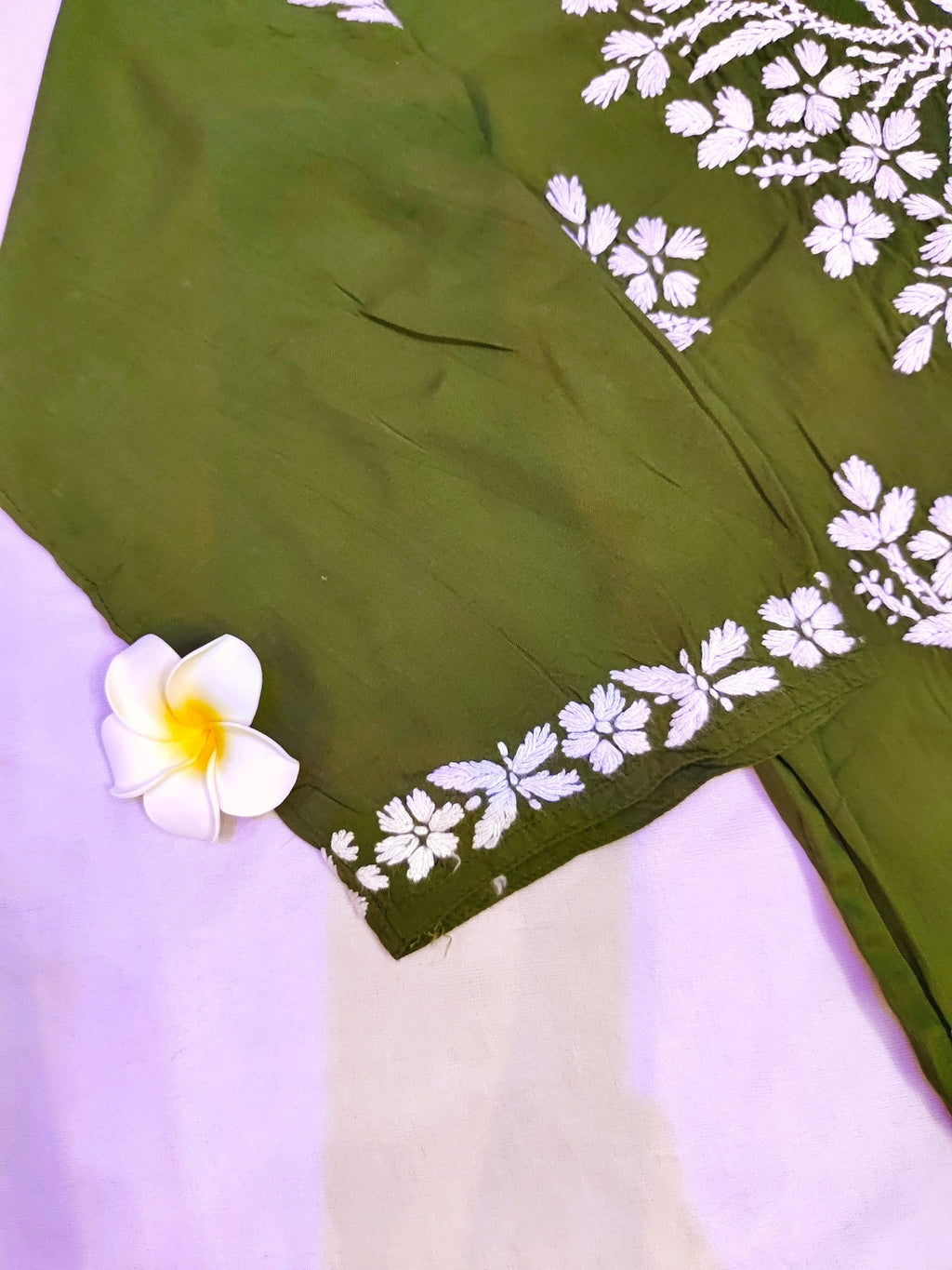 Rayon Handcrafted Chikankari Short Kurta - Olive Green - ADNEET