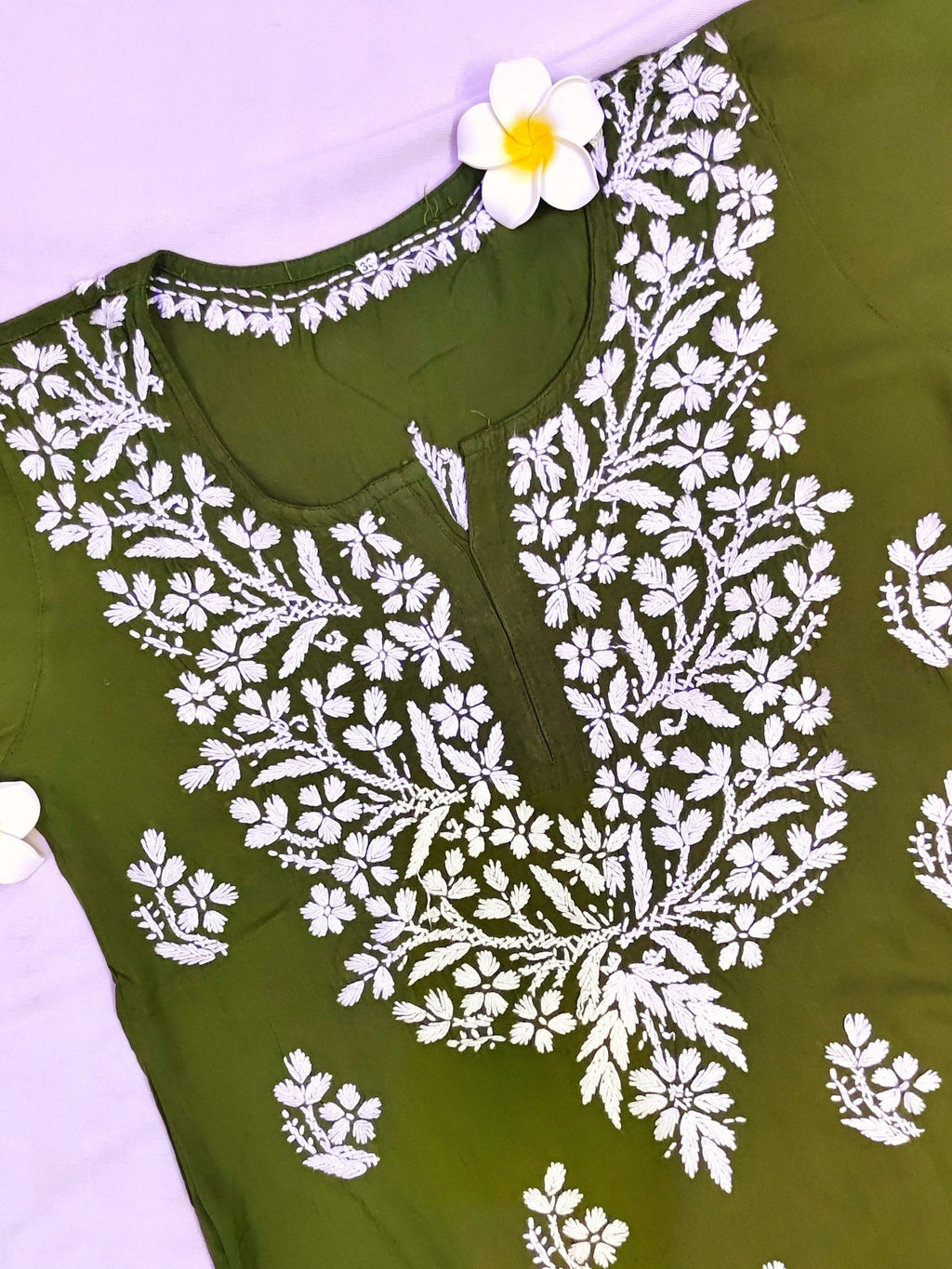 Rayon Handcrafted Chikankari Short Kurta - Olive Green - ADNEET