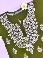 Rayon Handcrafted Chikankari Short Kurta - Olive Green - ADNEET