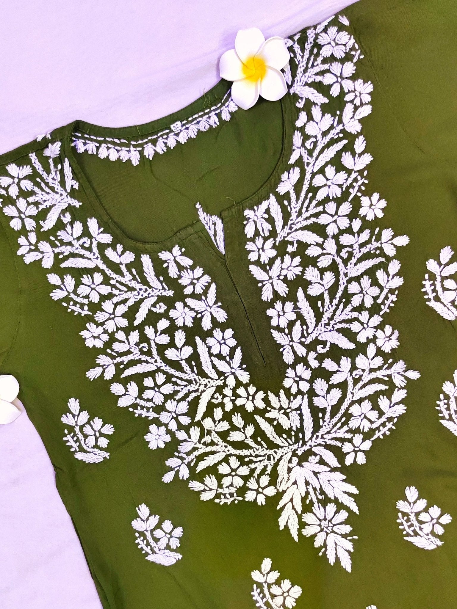 Rayon Handcrafted Chikankari Short Kurta - Olive Green - ADNEET